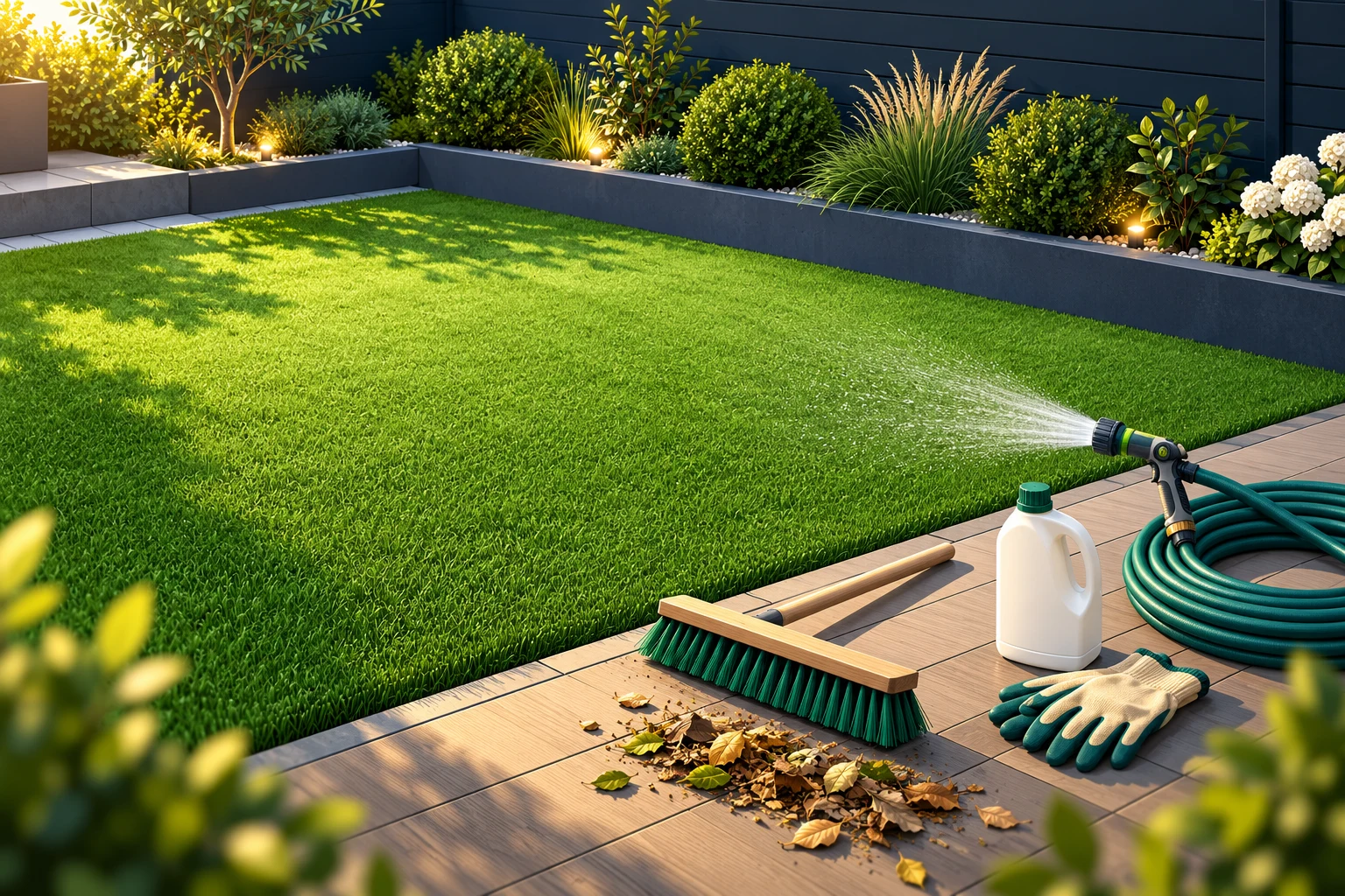 Illustration of artificial turf with a gentle hose spray, soft broom, gloves, and an unbranded cleaning bottle.
