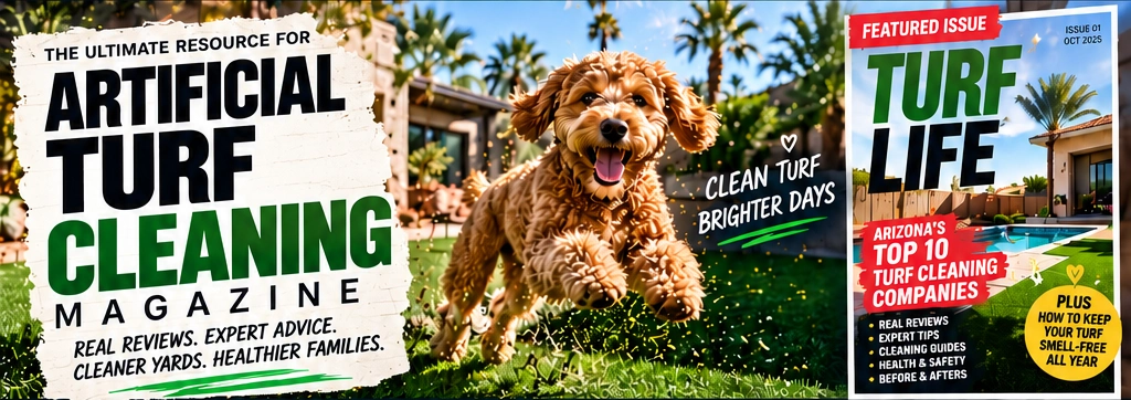 Happy dog running on a sunny Arizona lawn beside the Turf Life featured issue